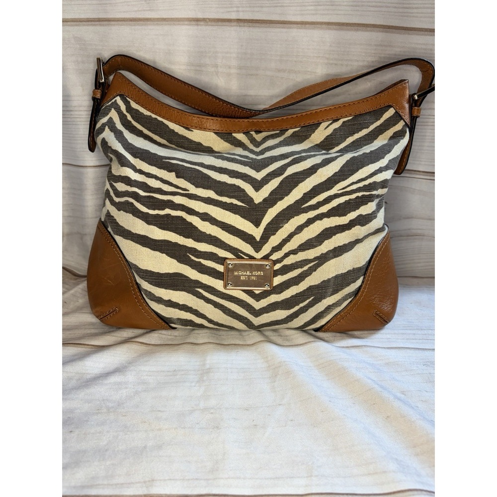 Michael Kors Zebra Print Shoulder Bag Brown Leather Trim MK Purse Large Canvas